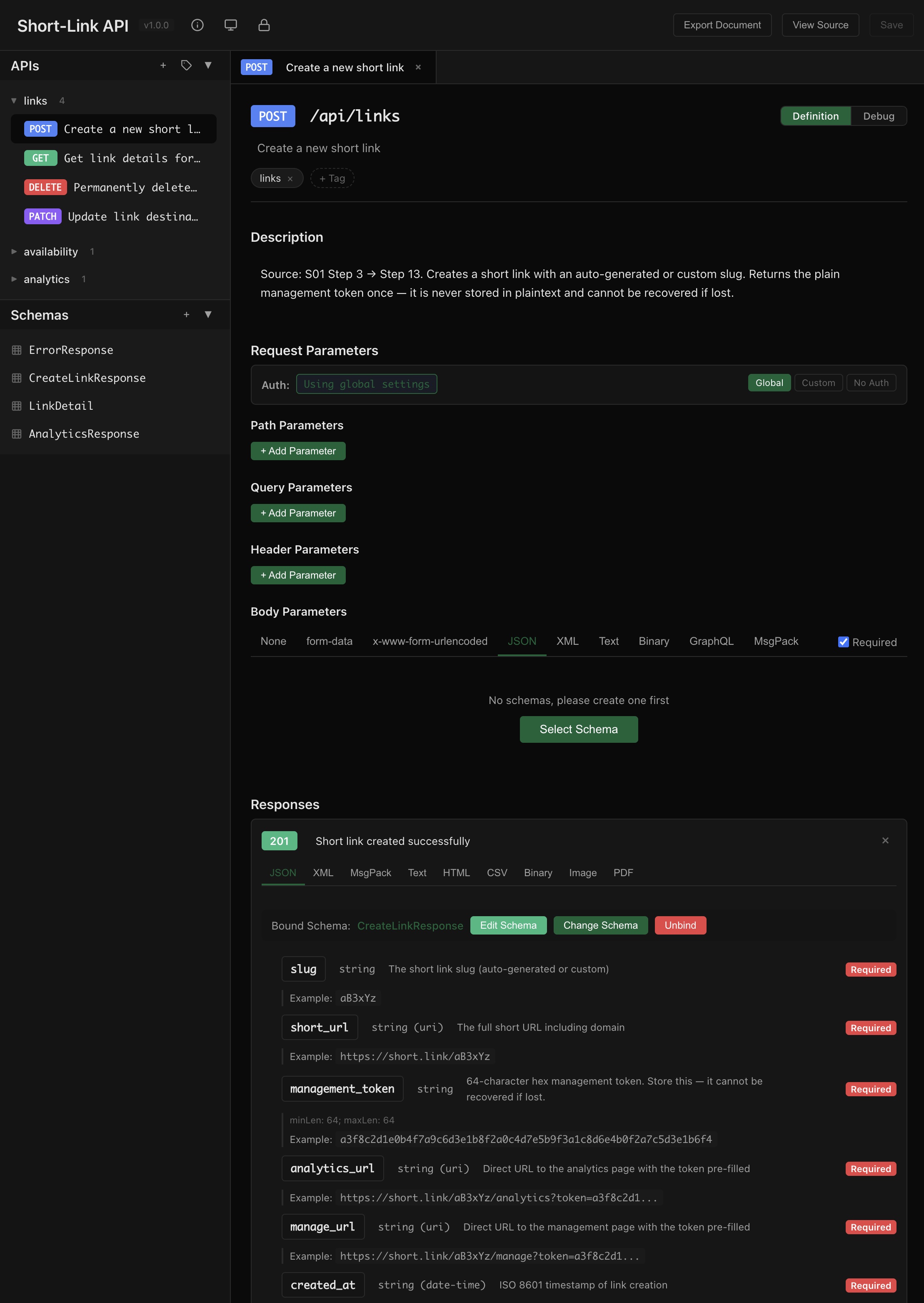 API documentation showing POST /api/links with full request/response schema
