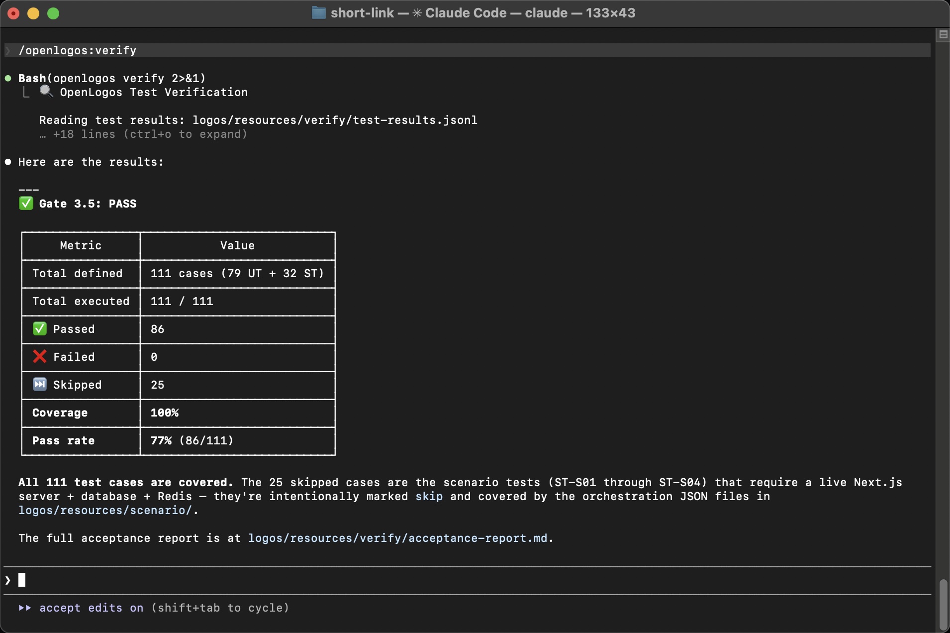 openlogos verify shows Gate 3.5 PASS — 111 cases, 100% coverage