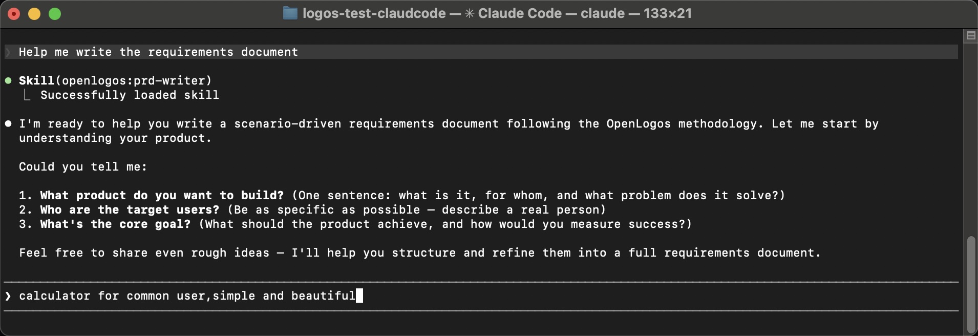 AI loads prd-writer skill and asks questions